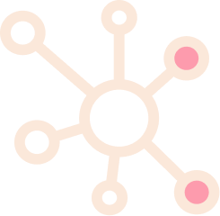 Abstract network diagram with a central node and connecting lines to circular nodes in various sizes and colors.