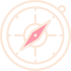 A simple illustration of a compass with a pink arrow pointing north.