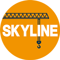 Logo of Skyline featuring the word 'SKYLINE' with a crane hook design on an orange background.