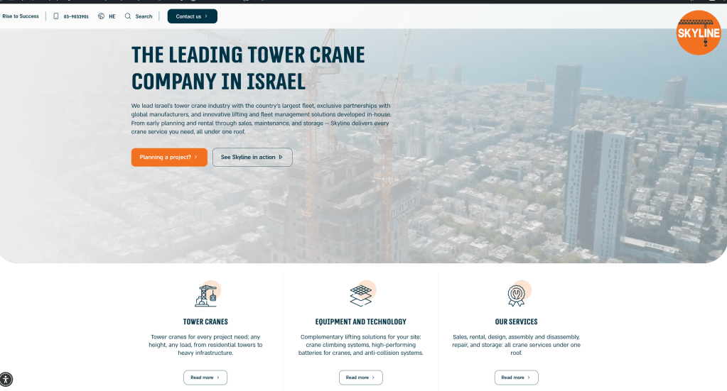 A view of a construction site in Israel with a prominent tower crane and a skyline of modern buildings in the background. The webpage highlights Skyline as the leading tower crane company in Israel.